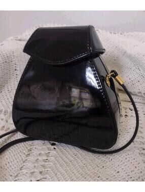 Vintage Barganza Couture Black Patent Mini Crossbody Frame Bag Satin Lining